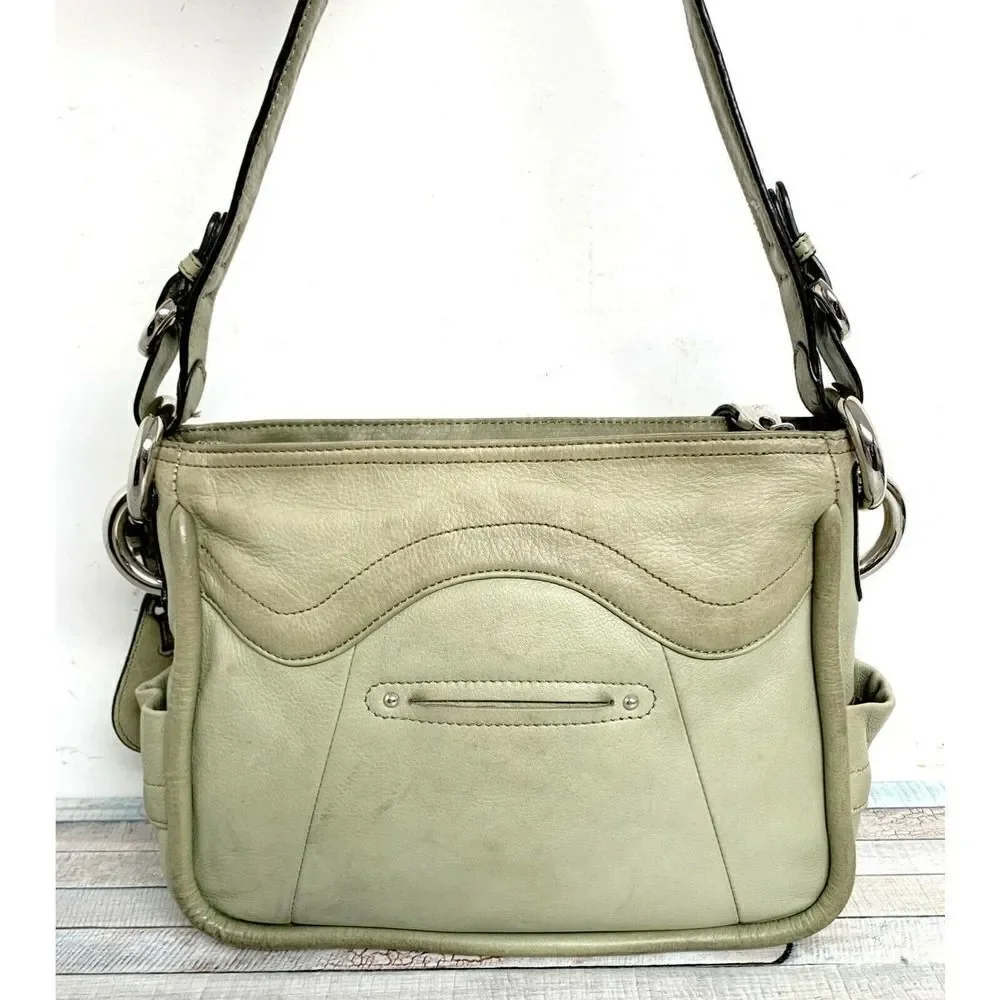 B. Makowsky SHABBY MOSS GREEN GENUINE LEATHER ZIP TOP HOBO SHOULDER BAG HANDBAG